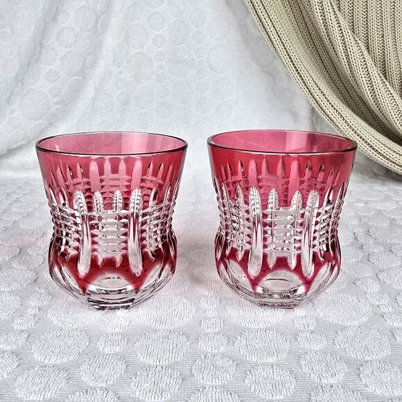 Rare Waterford Simply Pastel Pink Double Old Fashioned Glasses 2 pc Set HTF - Picture 1 of 8